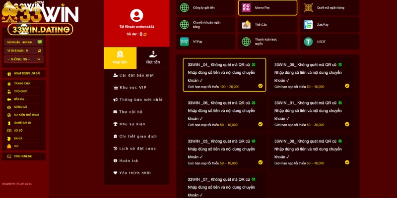 Hướng dẫn nạp tiền 33win qua ví điện tử